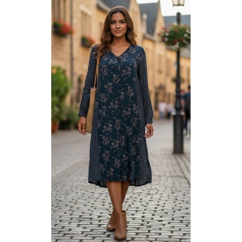 Thin Air Floral Button Down Long Sleeve Dress Sz M Cottage Boho Rayon Belted NWT